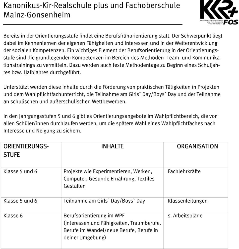 Ein wichtiges Element der Berufsorientierung in der Orientierungsstufe sind die grundlegenden Kompetenzen im Bereich des Methoden- Team- und Kommunikationstrainings zu vermitteln.