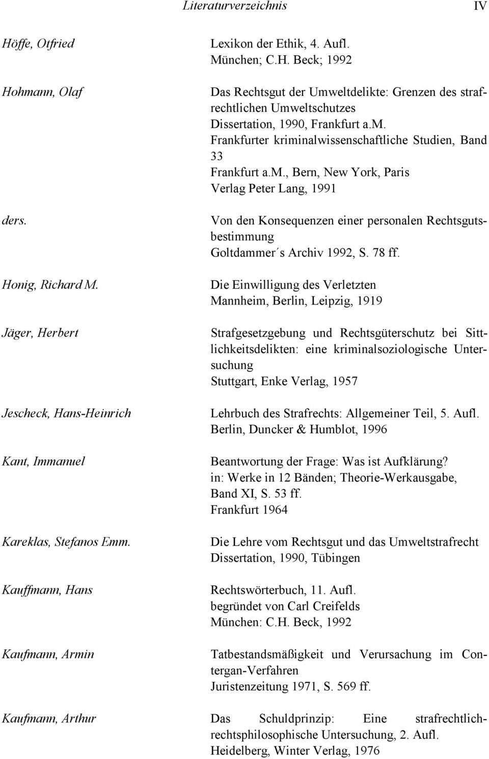 m., Bern, New York, Paris Verlag Peter Lang, 1991 Von den Konsequenzen einer personalen Rechtsgutsbestimmung Goltdammer s Archiv 1992, S. 78 ff.