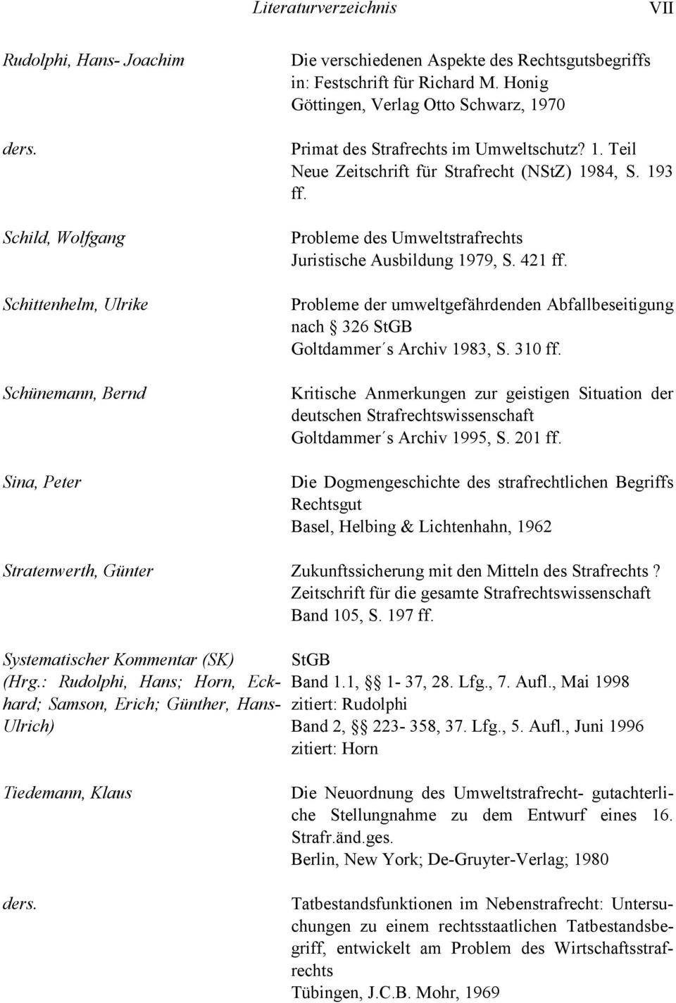 Honig Göttingen, Verlag Otto Schwarz, 1970 Primat des Strafrechts im Umweltschutz? 1. Teil Neue Zeitschrift für Strafrecht (NStZ) 1984, S. 193 ff.