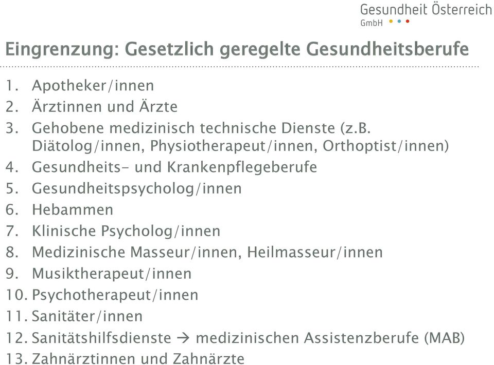 Gesundheits- und Krankenpflegeberufe 5. Gesundheitspsycholog/innen 6. Hebammen 7. Klinische Psycholog/innen 8.