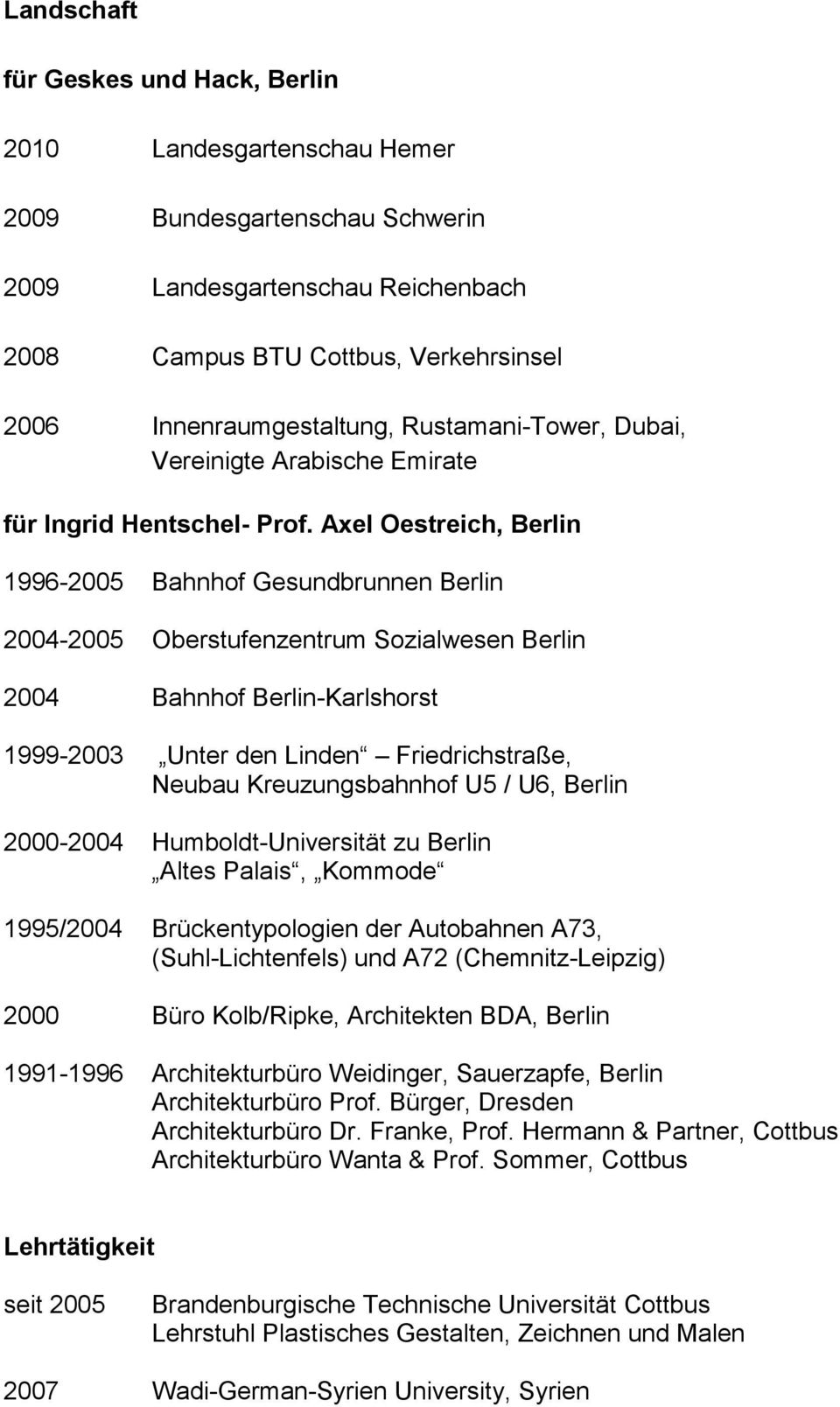 Axel Oestreich, Berlin 1996-2005 Bahnhof Gesundbrunnen Berlin 2004-2005 Oberstufenzentrum Sozialwesen Berlin 2004 Bahnhof Berlin-Karlshorst 1999-2003 Unter den Linden Friedrichstraße, Neubau