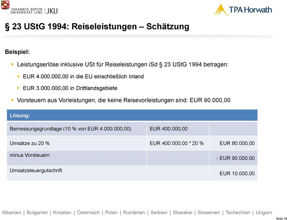 000,00 Lösung: Bemessungsgrundlage (10 % von EUR 4.000.000,00) EUR 400.000,00 Umsätze zu 20 % EUR 400.000,00 * 20 % EUR 80.