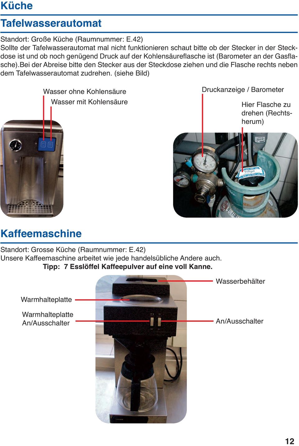 Gasflasche).Bei der Abreise bitte den Stecker aus der Steckdose ziehen und die Flasche rechts neben dem Tafelwasserautomat zudrehen.