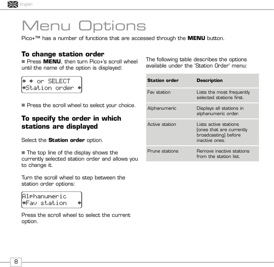 To specify the order in which stations are displayed Select the Station order option. The top line of the display shows the currently selected station order and allows you to change it.