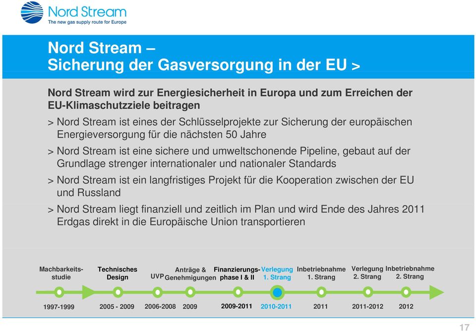 internationaler ti und nationaler Standards d > Nord Stream ist ein langfristiges Projekt für die Kooperation zwischen der EU und Russland > Nord Stream liegt finanziell und zeitlich im Plan und wird