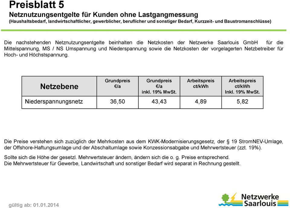 Netzbetreiber für Hoch- und Höchstspannung. Netzebene Grundpreis /a Grundpreis /a inkl. 19% MwSt.
