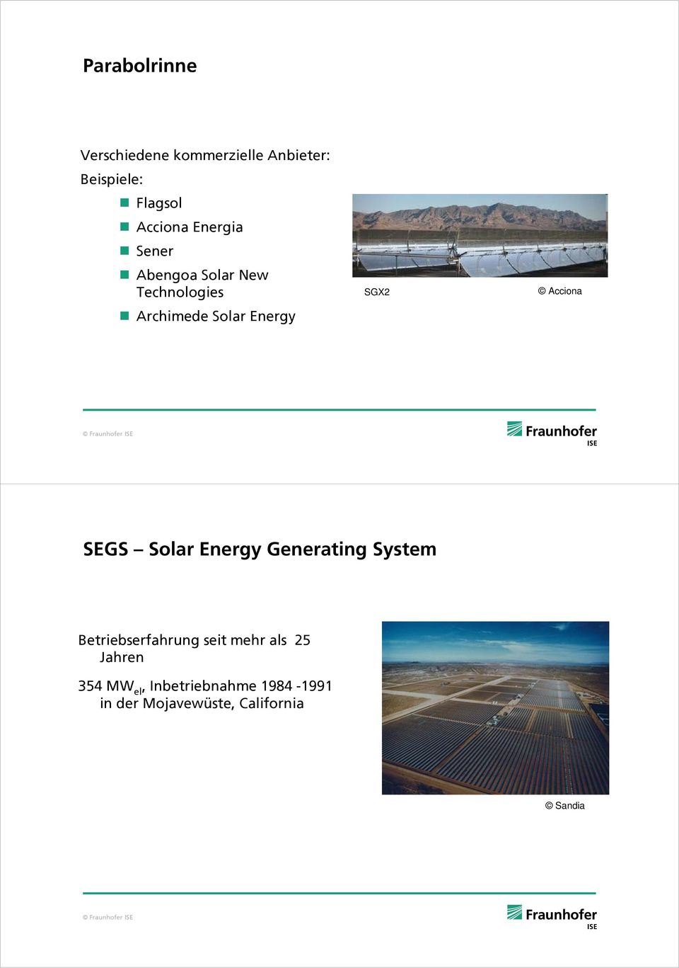 Acciona SEGS Solar Energy Generating System Betriebserfahrung seit mehr als