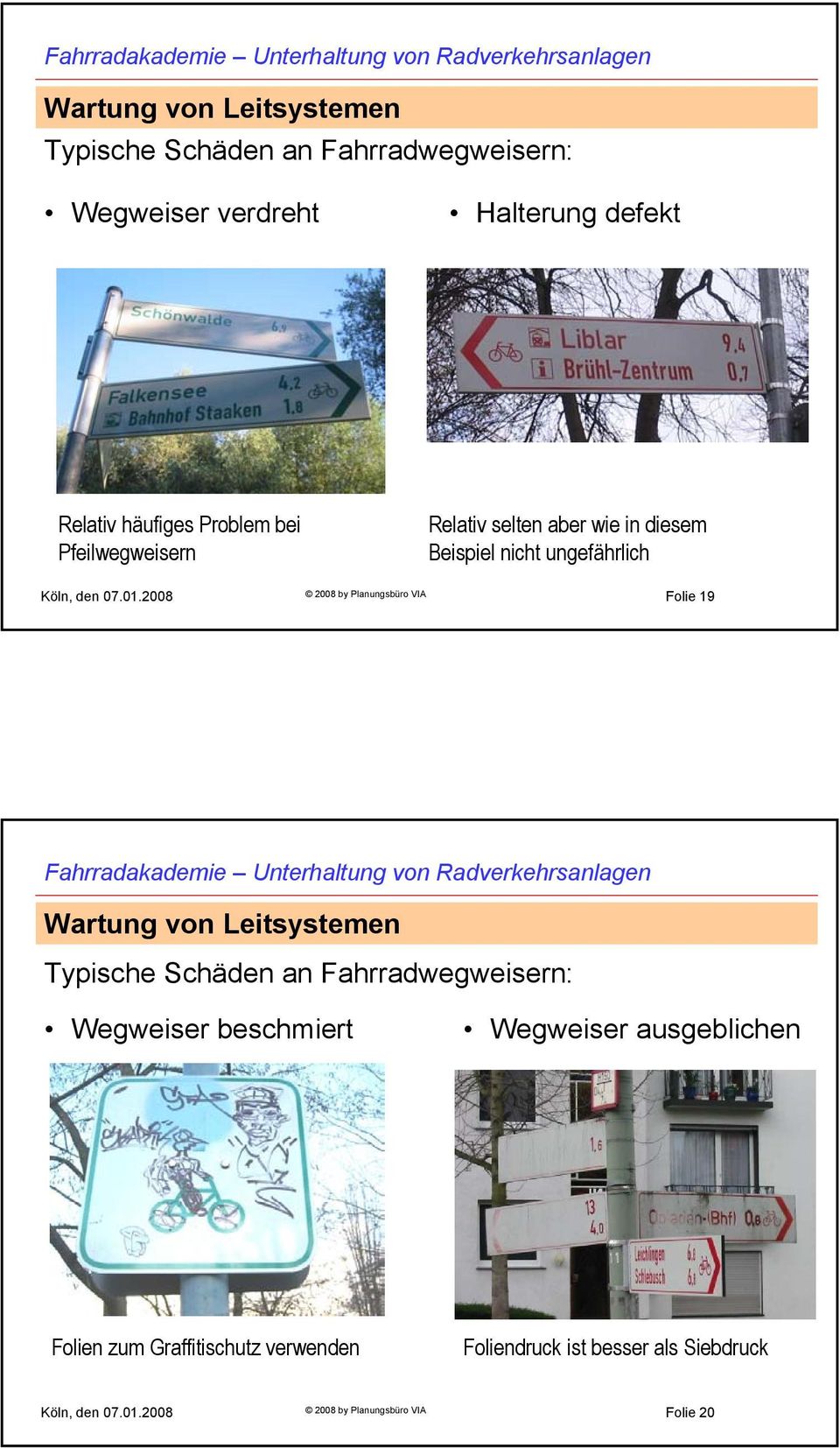2008 2008 by Planungsbüro VIA Folie 19 Typische Schäden an Fahrradwegweisern: Wegweiser beschmiert Wegweiser