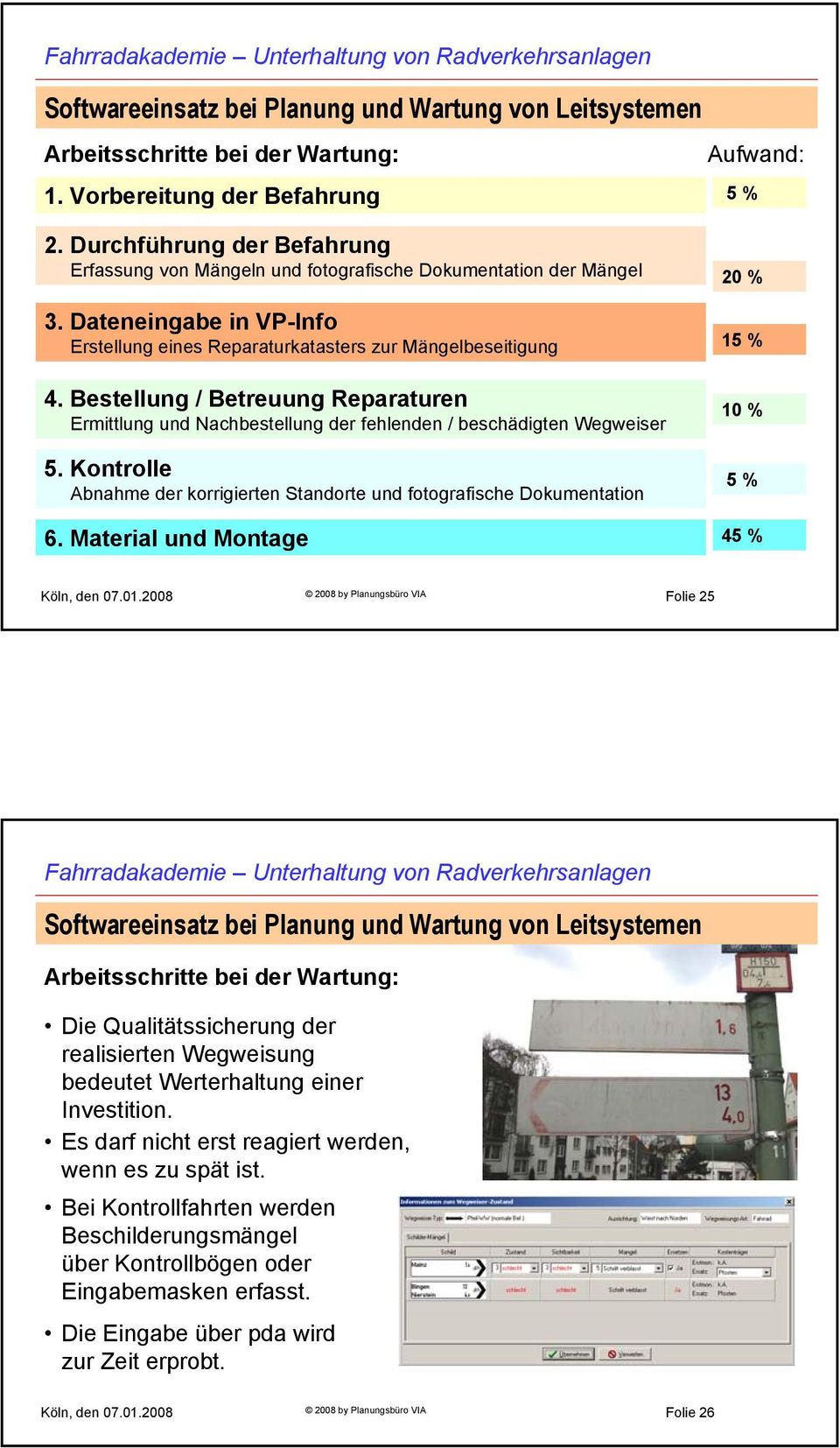 Kontrolle Abnahme der korrigierten Standorte und fotografische Dokumentation 6. Material und Montage 20 % 15 % 10 % 5 % 45 % Köln, den 07.01.