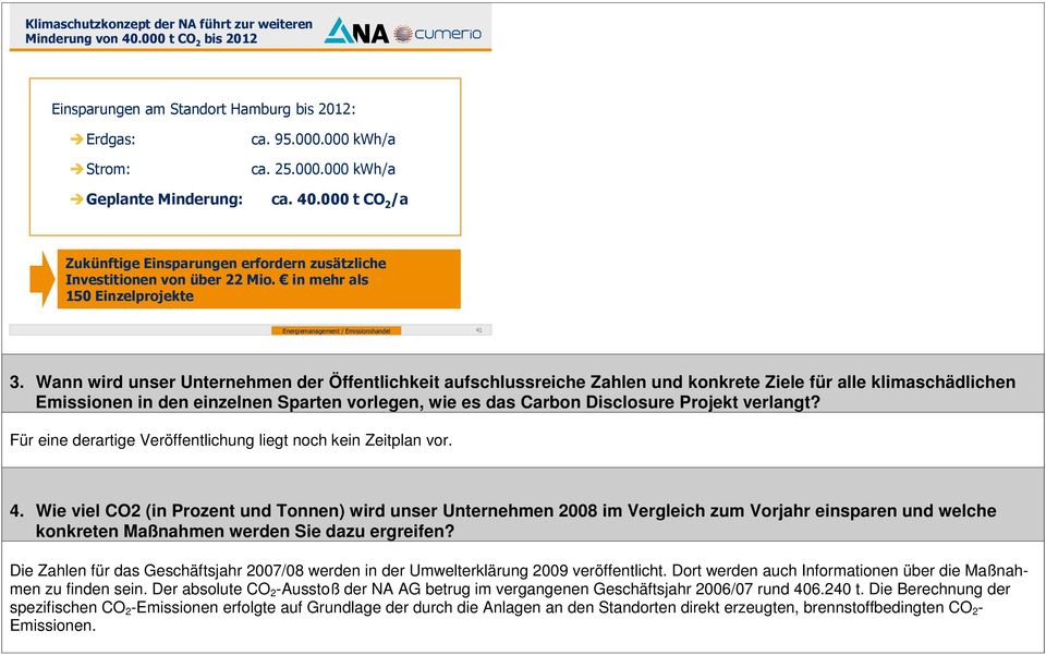 Wann wird unser Unternehmen der Öffentlichkeit aufschlussreiche Zahlen und konkrete Ziele für alle klimaschädlichen Emissionen in den einzelnen Sparten vorlegen, wie es das Carbon Disclosure Projekt