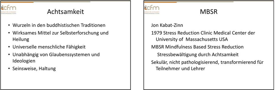 Kabat-Zinn MBSR 1979 Stress Reduction Clinic Medical Center der University of Massachusetts USA MBSR Mindfulness