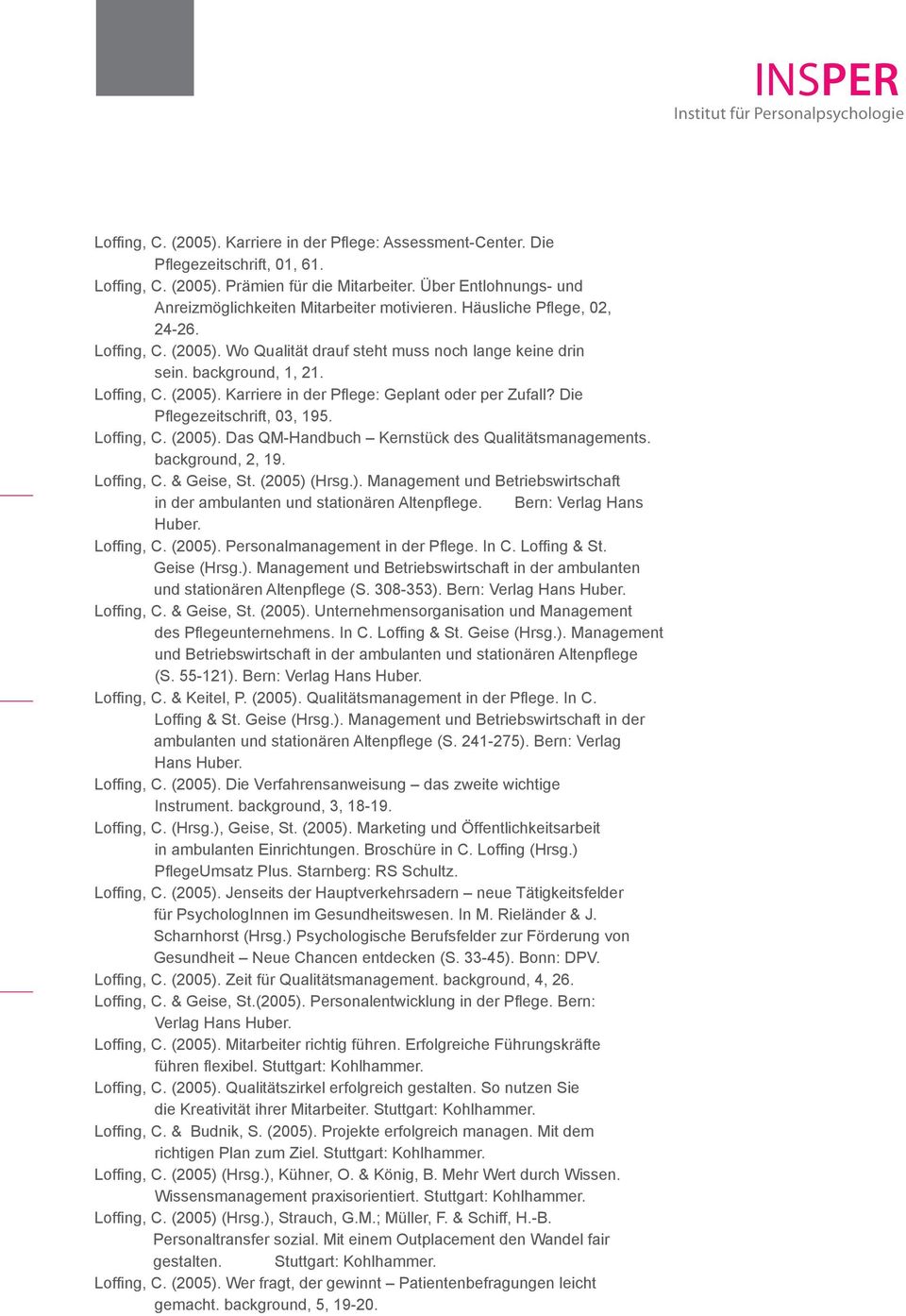 Loffing, C. (2005). Karriere in der Pflege: Geplant oder per Zufall? Die Pflegezeitschrift, 03, 195. Loffing, C. (2005). Das QM-Handbuch Kernstück des Qualitätsmanagements. background, 2, 19.