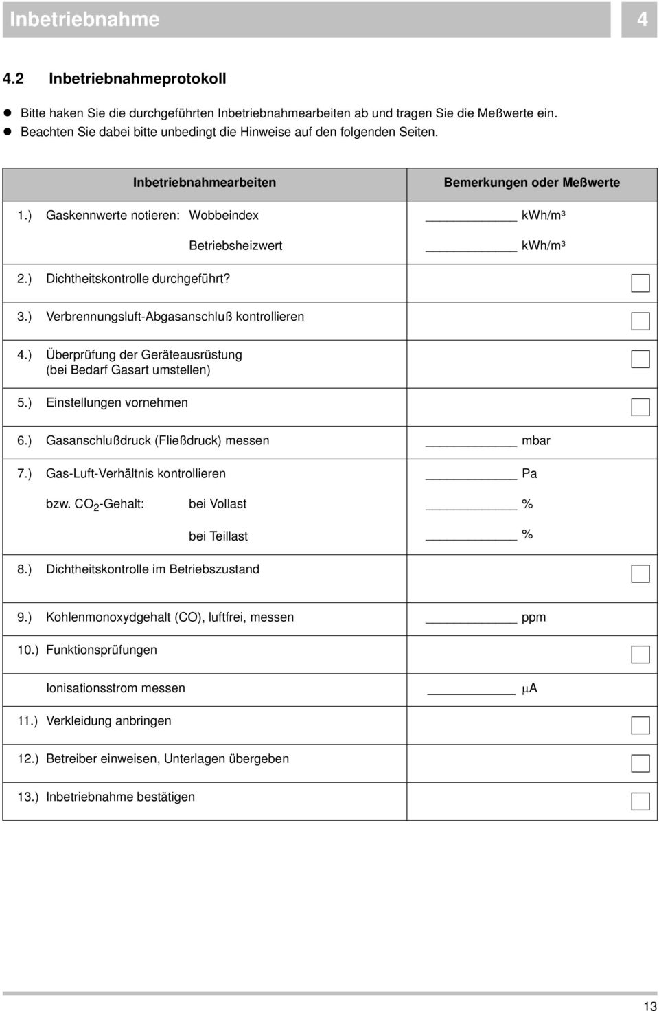 ) Dichtheitskontrolle durchgeführt? 3.) Verbrennungsluft-Abgasanschluß kontrollieren 4.) Überprüfung der Geräteausrüstung (bei Bedarf Gasart umstellen) 5.) Einstellungen vornehmen 6.