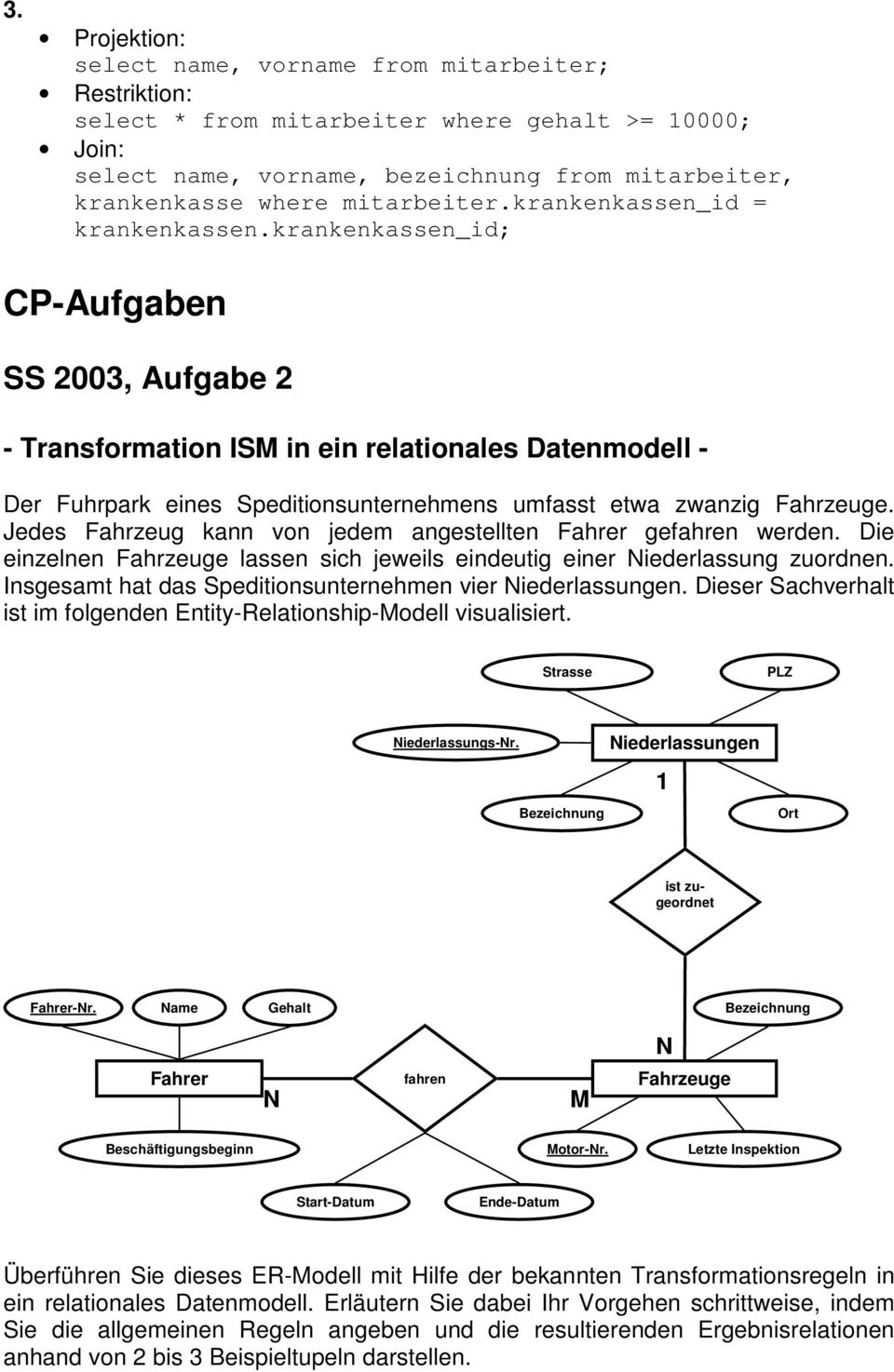 krankenkassen_id; CP-Aufgaben SS 2003, Aufgabe 2 - Transformation ISM in ein relationales Datenmodell - Der Fuhrpark eines Speditionsunternehmens umfasst etwa zwanzig Fahrzeuge.