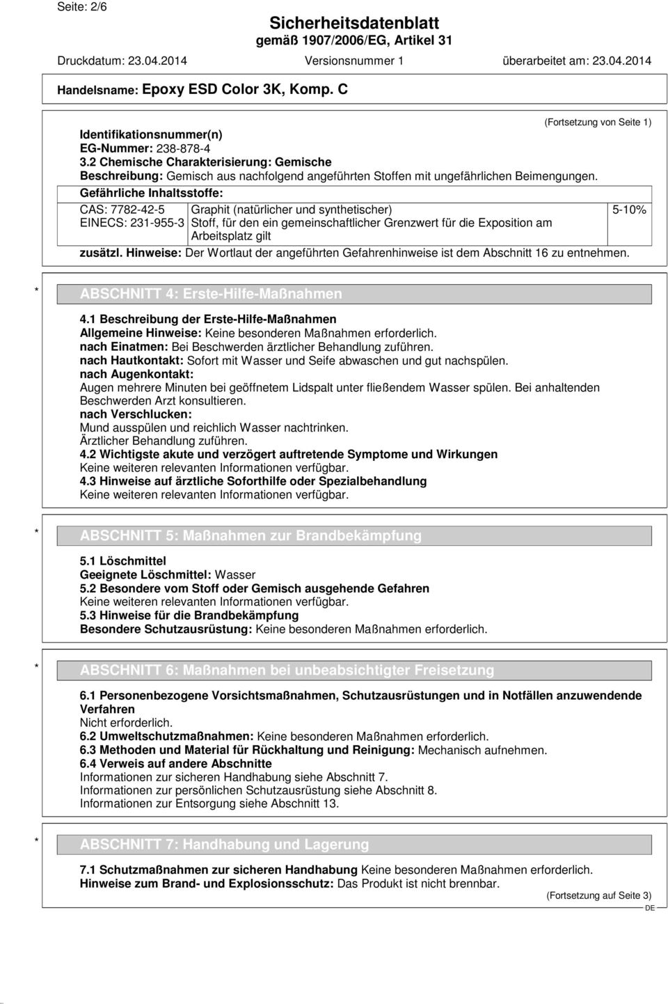 Gefährliche Inhaltsstoffe: CAS: 7782-42-5 Graphit (natürlicher und synthetischer) 5-10% EINECS: 231-955-3 Stoff, für den ein gemeinschaftlicher Grenzwert für die Exposition am Arbeitsplatz gilt