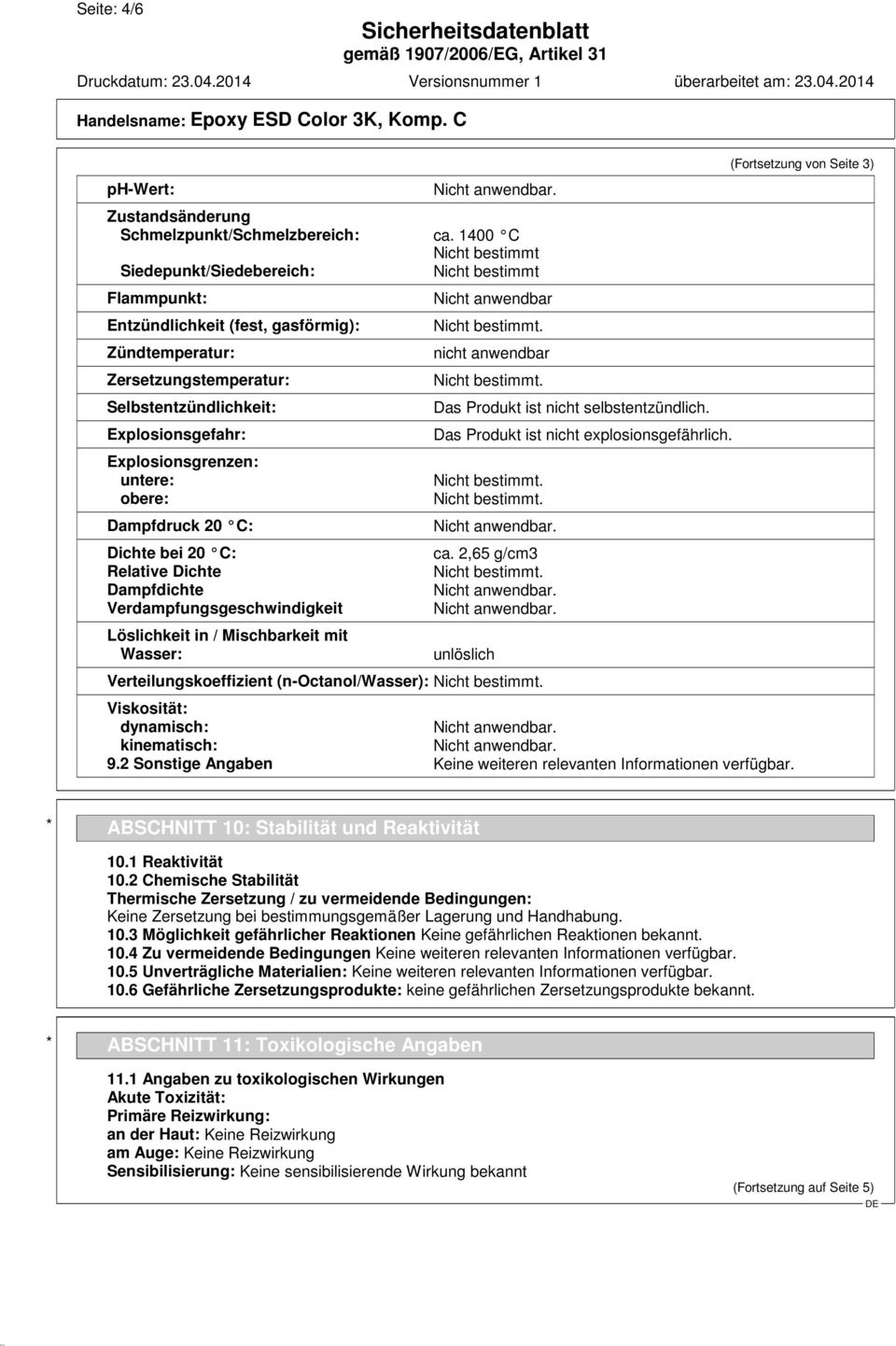 Explosionsgrenzen: untere: obere: Dampfdruck 20 C: Dichte bei 20 C: Relative Dichte Dampfdichte Verdampfungsgeschwindigkeit Löslichkeit in / Mischbarkeit mit Wasser: Nicht anwendbar nicht anwendbar