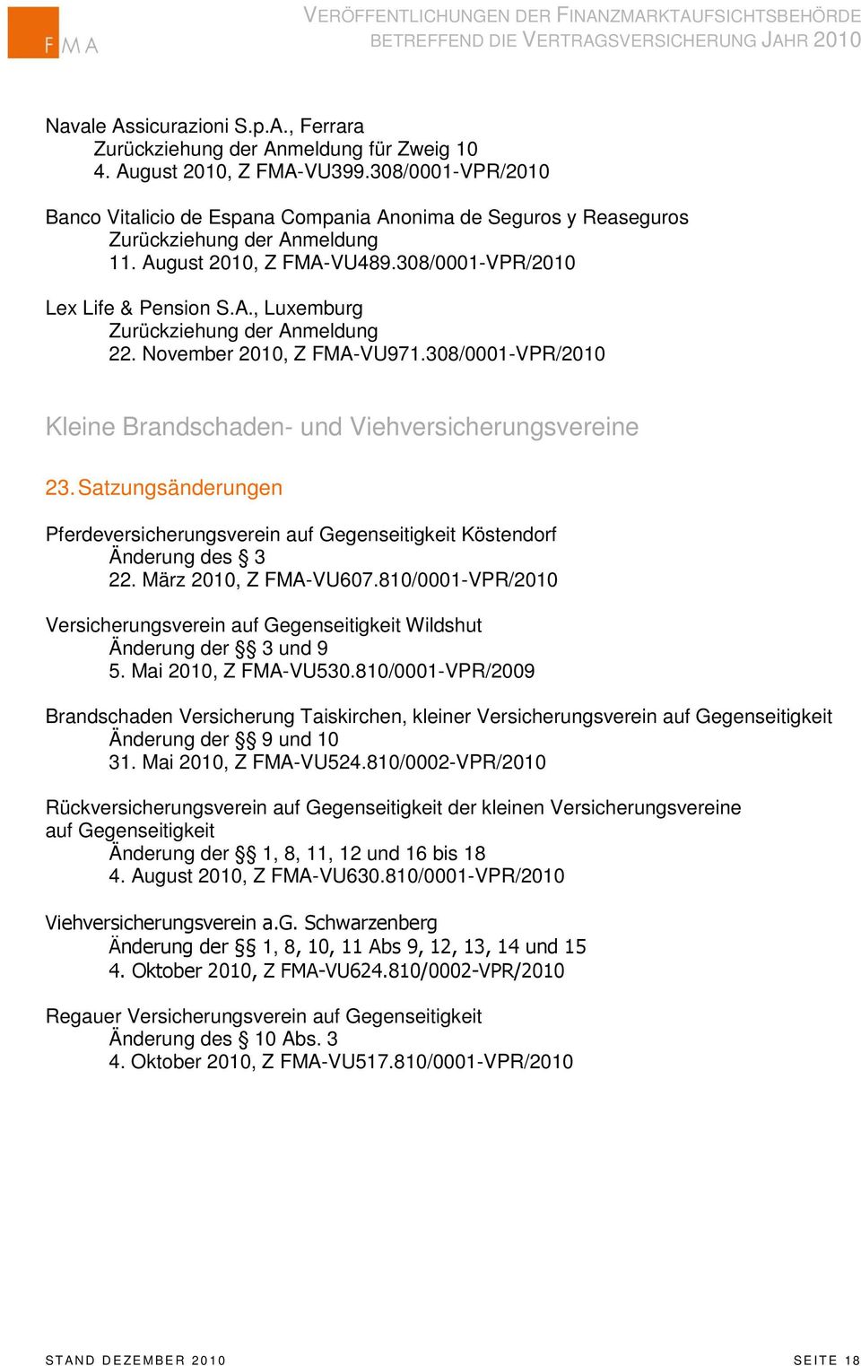 Satzungsänderungen Pferdeversicherungsverein auf Gegenseitigkeit Köstendorf Änderung des 3 22. März 2010, Z FMA-VU607.