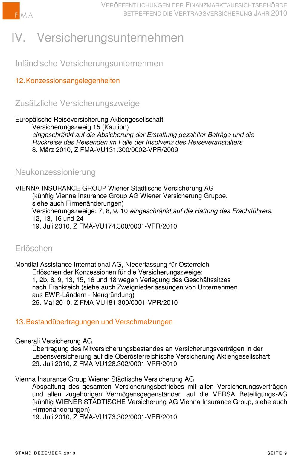 Beträge und die Rückreise des Reisenden im Falle der Insolvenz des Reiseveranstalters 8. März 2010, Z FMA-VU131.