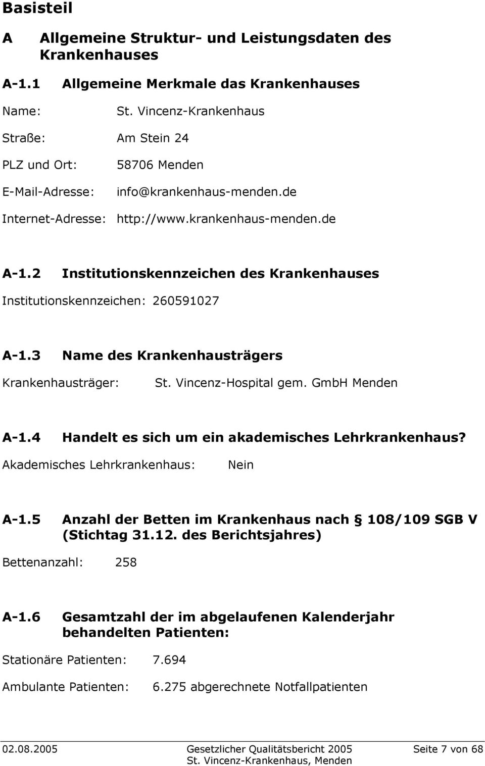 2 Institutionskennzeichen des Krankenhauses Institutionskennzeichen: 260591027 A-1.3 Name des Krankenhausträgers Krankenhausträger: St. Vincenz-Hospital gem. GmbH Menden A-1.