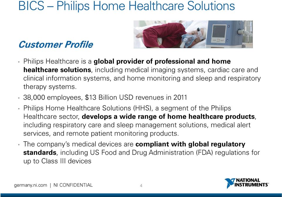38,000 employees, $13 Billion USD revenues in 2011 Philips Home Healthcare Solutions (HHS), a segment of the Philips Healthcare sector, develops a wide range of home healthcare products,