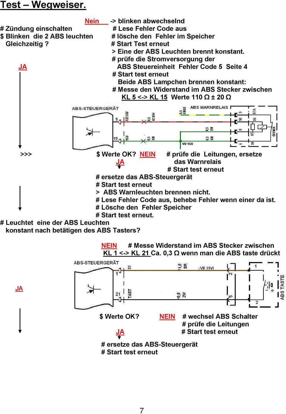 # prüfe die Stromversorgung der ABS Steuereinheit Fehler Code 5 Seite 4 Beide ABS Lampchen brennen konstant: # Messe den Widerstand im ABS Stecker zwischen KL 5 <-> KL 15 Werte 110 Ω ± 20 Ω >>> $
