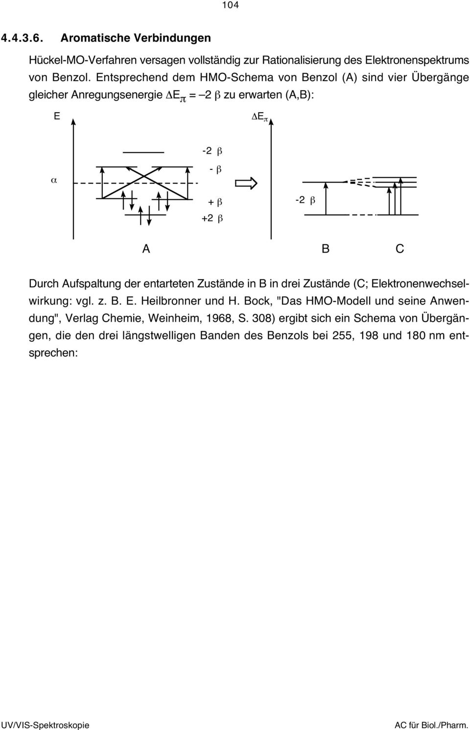 Durch Aufspaltung der entarteten Zustände in B in drei Zustände (C; Elektronenwechselwirkung: vgl. z. B. E. Heilbronner und H.