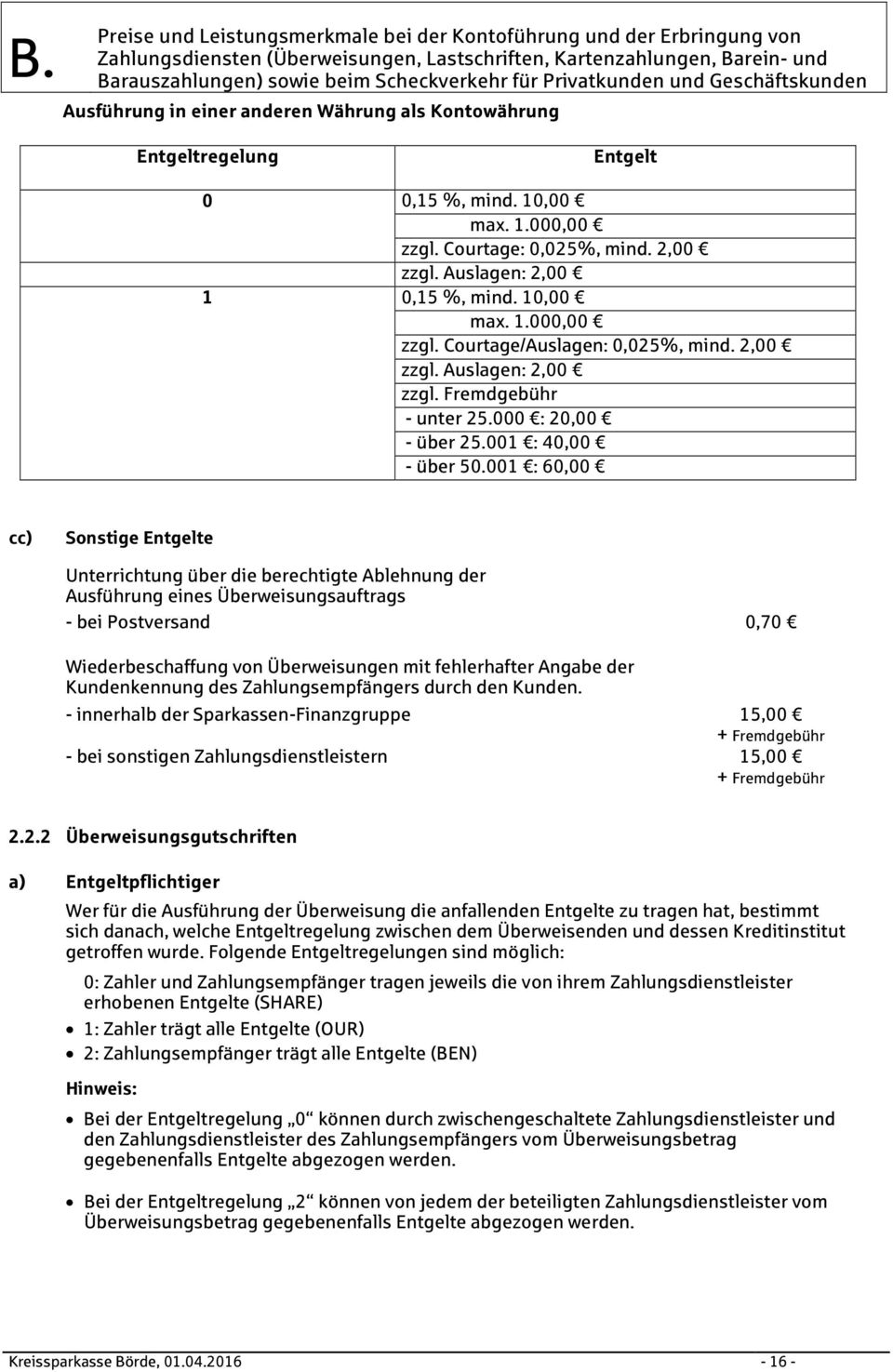 001 : 60,00 cc) Sonstige Entgelte Unterrichtung über die berechtigte Ablehnung der Ausführung eines Überweisungsauftrags - bei Postversand 0,70 Wiederbeschaffung von Überweisungen mit fehlerhafter