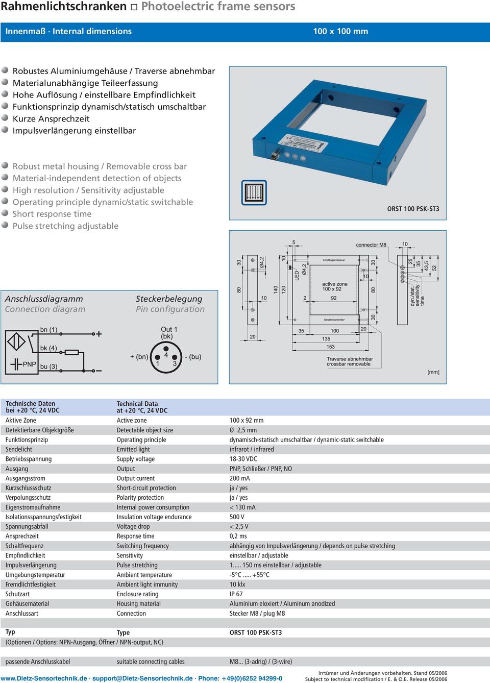 detection of objects High resolution / Sensitivity adjustable Operating principle dynamic/static switchable Short response time Pulse stretching adjustable ORST 100 PSK-ST3 Anschlussdiagramm