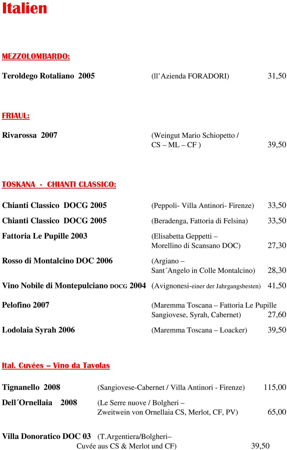 Montalcino DOC 2006 (Argiano Sant Angelo in Colle Montalcino) 28,30 Vino Nobile di Montepulciano DOCG 2004 (Avignonesi-einer der Jahrgangsbesten) 41,50 Pelofino 2007 (Maremma Toscana Fattoria Le