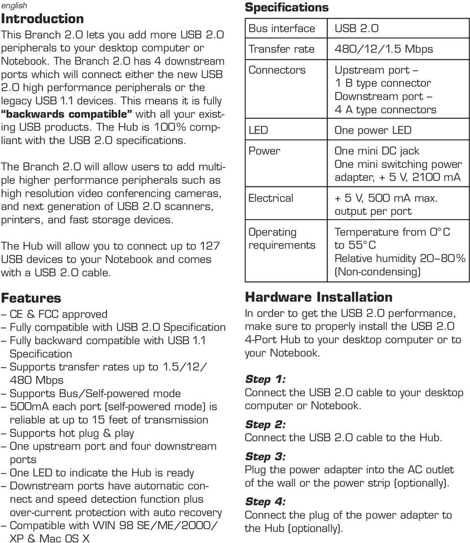 0 specifications. The Branch 2.0 will allow users to add multiple higher performance peripherals such as high resolution video conferencing cameras, and next generation of USB 2.