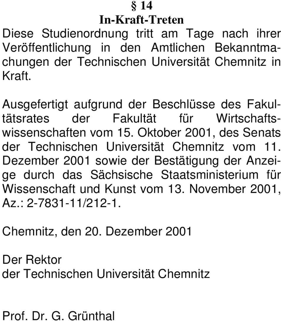 Oktober 2001, des Senats der Technischen Universität Chemnitz vom 11.