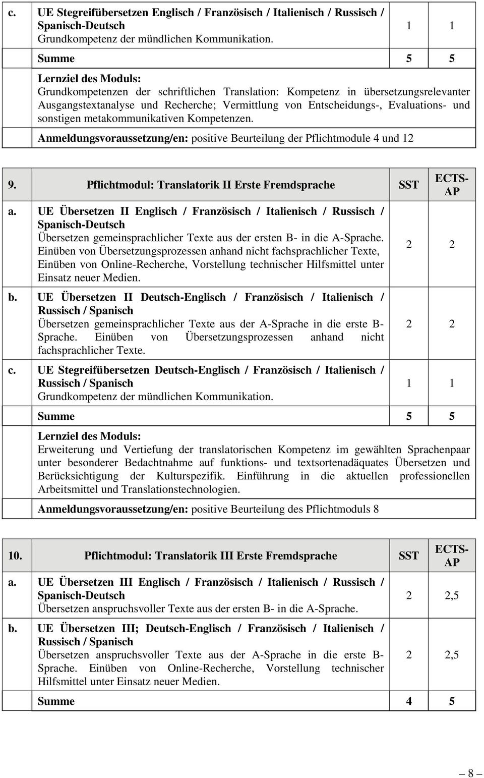 metakommunikativen Kompetenzen. Anmeldungsvoraussetzung/en: positive Beurteilung der Pflichtmodule 4 und 12 9. Pflichtmodul: Translatorik II Erste Fremdsprache SST a.