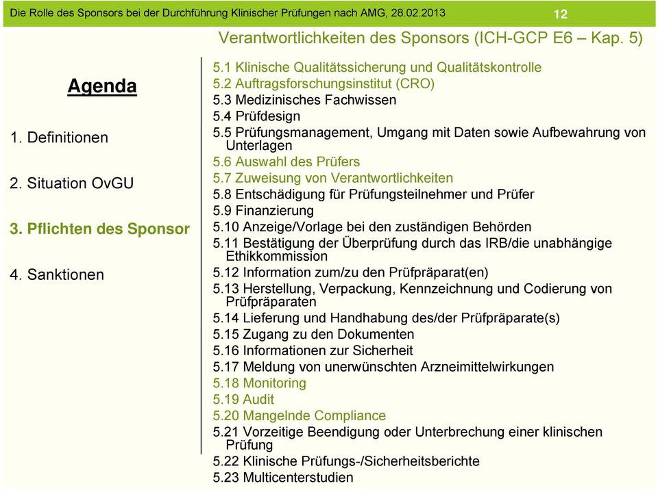 9 Finanzierung 5.10 Anzeige/Vorlage bei den zuständigen Behörden 5.11 Bestätigung der Überprüfung durch das IRB/die unabhängige Ethikkommission 5.12 Information zum/zu den Prüfpräparat(en) 5.