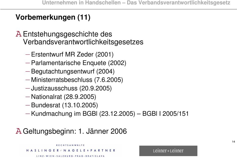 Ministerratsbeschluss (7.6.2005) Justizausschuss (20.9.2005) Nationalrat (28.9.2005) Bundesrat (13.