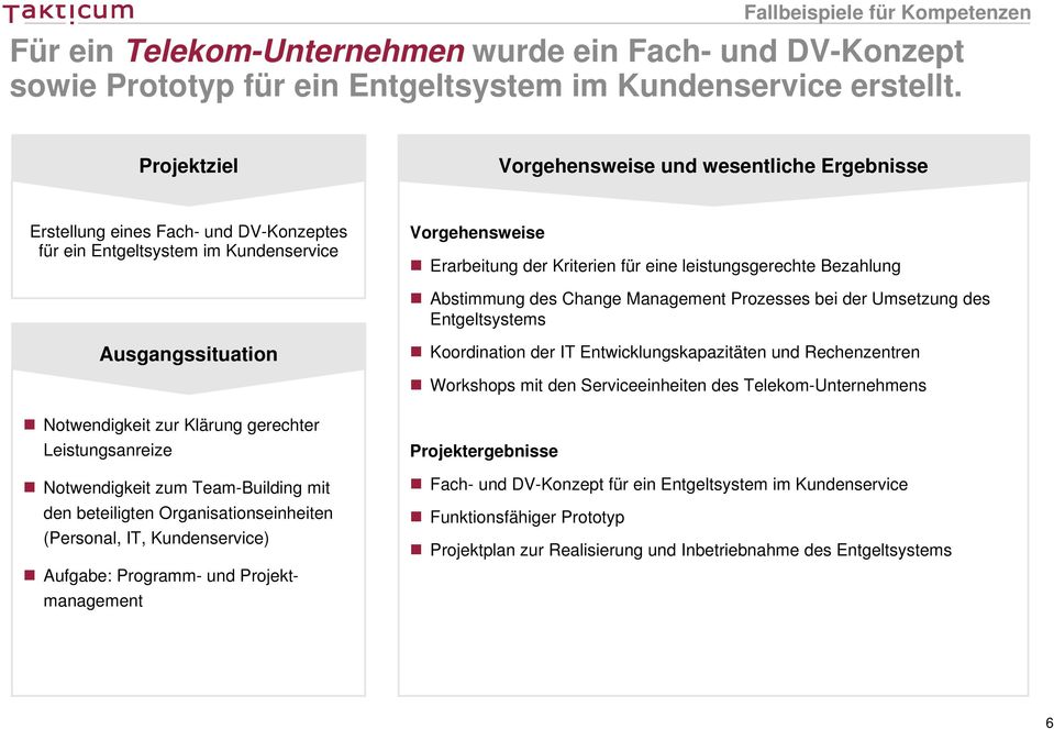 Management Prozesses bei der Umsetzung des Entgeltsystems Koordination der IT Entwicklungskapazitäten und Rechenzentren Workshops mit den Serviceeinheiten des Telekom-Unternehmens Notwendigkeit zur