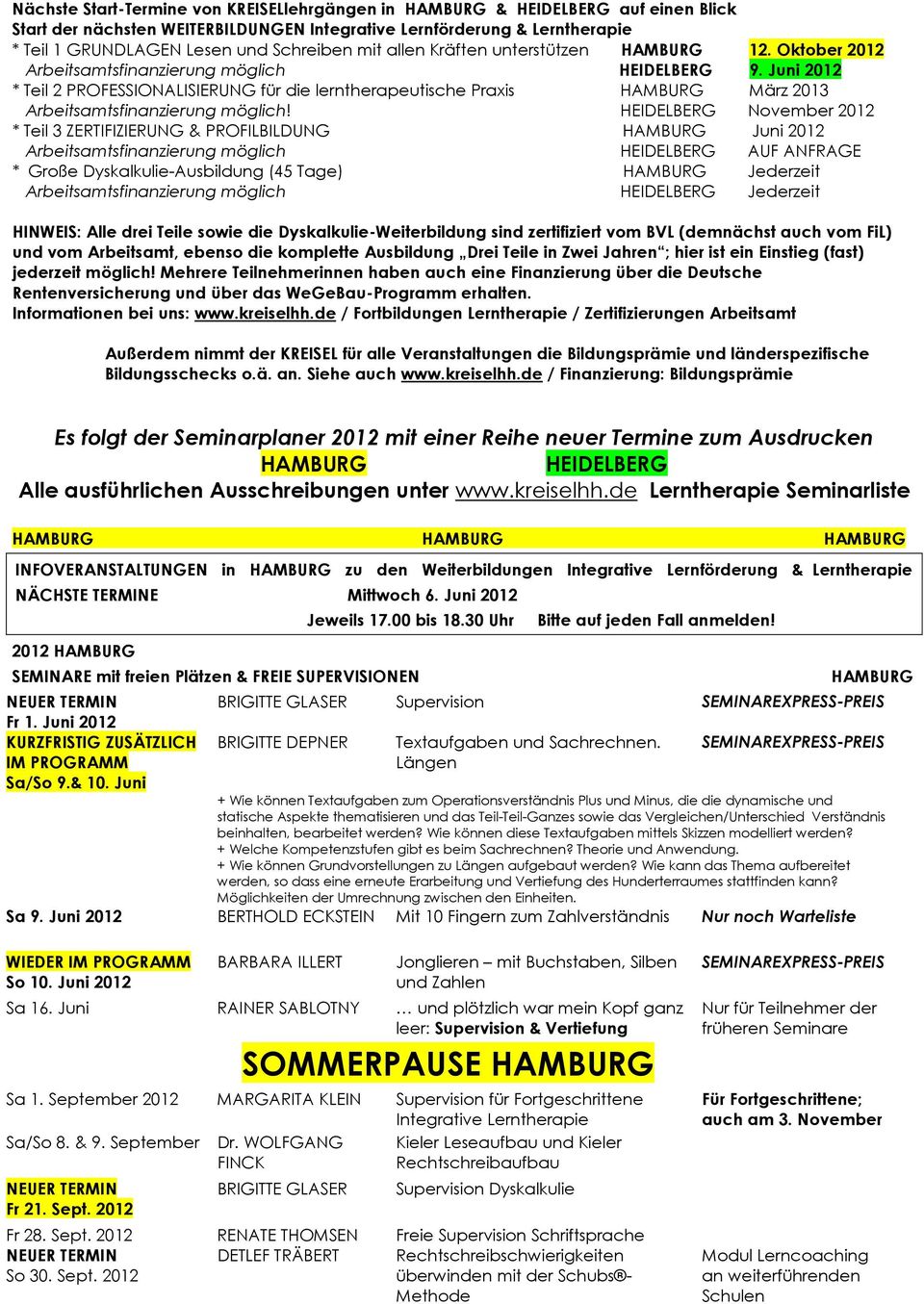Juni 2012 * Teil 2 PROFESSIONALISIERUNG für die lerntherapeutische Praxis HAMBURG März 2013 Arbeitsamtsfinanzierung möglich!