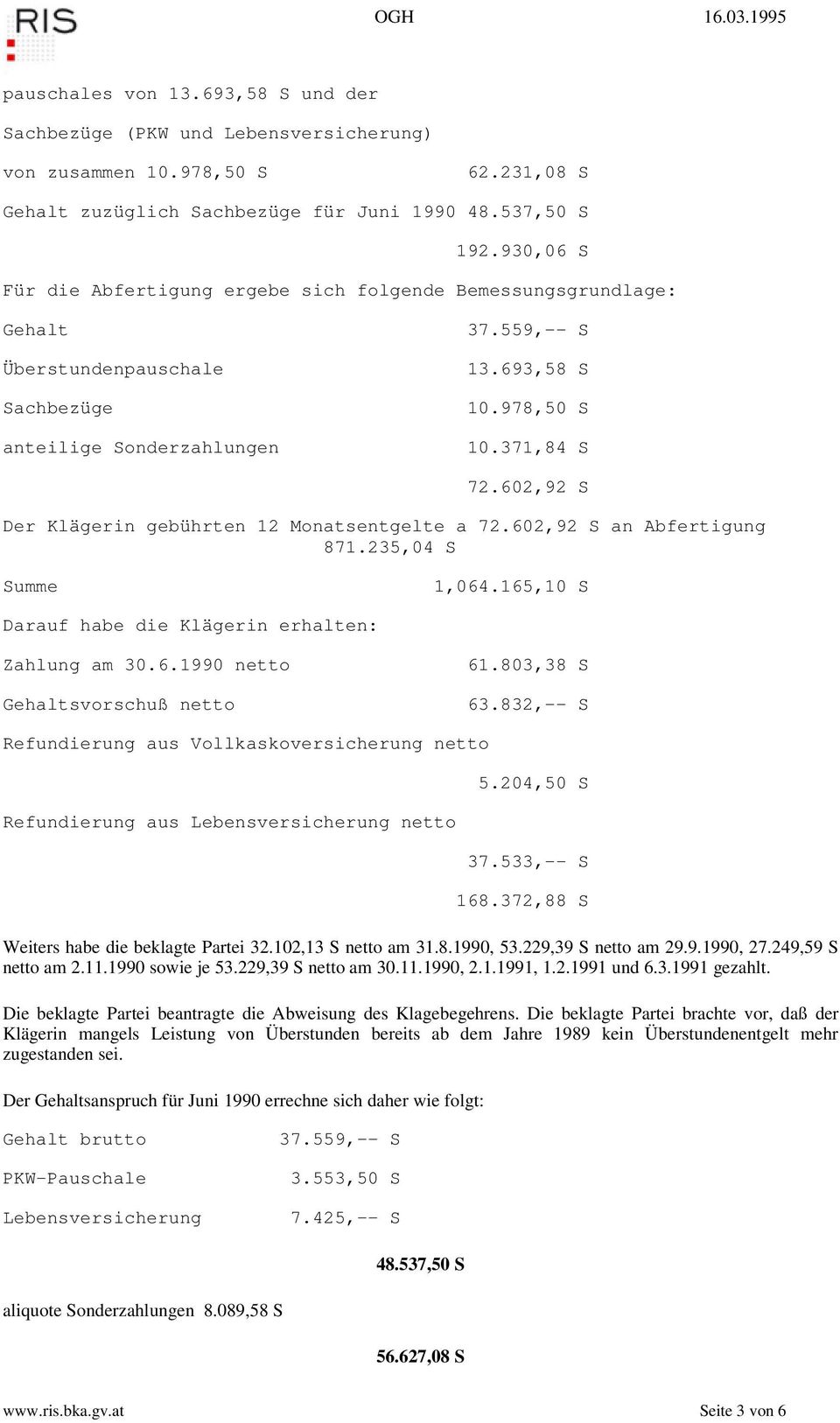 602,92 S Der Klägerin gebührten 12 Monatsentgelte a 72.602,92 S an Abfertigung 871.235,04 S Summe 1,064.165,10 S Darauf habe die Klägerin erhalten: Zahlung am 30.6.1990 netto Gehaltsvorschuß netto 61.