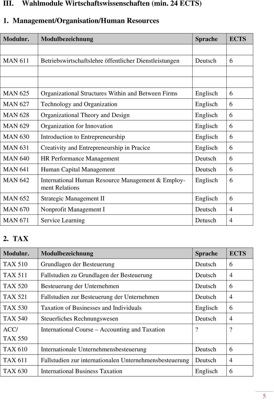 Organization Englisch 6 MAN 628 Organizational Theory and Design Englisch 6 MAN 629 Organization for Innovation Englisch 6 MAN 630 Introduction to Entrepreneurship Englisch 6 MAN 631 Creativity and