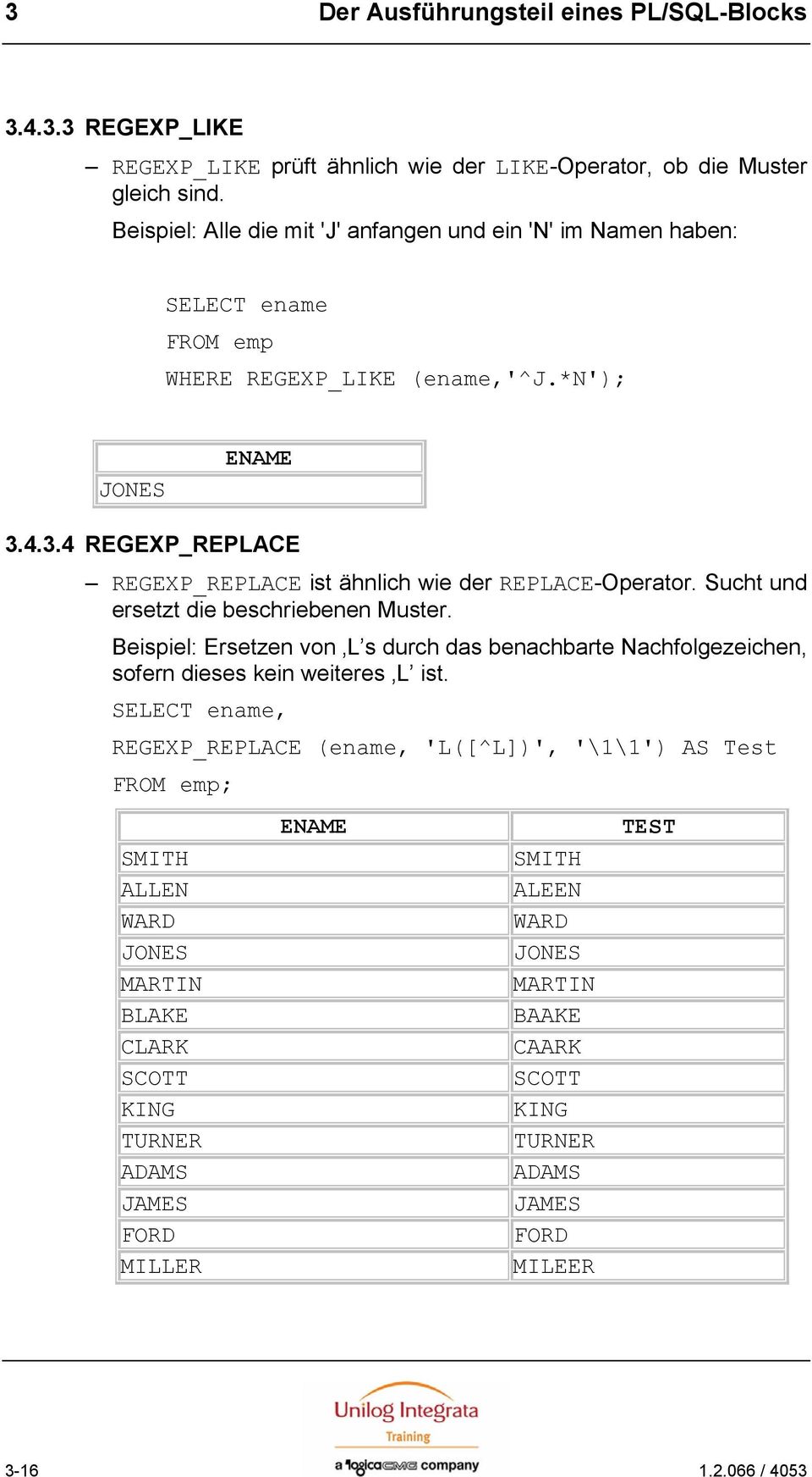 4.3.4 REGEXP_REPLACE REGEXP_REPLACE ist ähnlich wie der REPLACE-Operator. Sucht und ersetzt die beschriebenen Muster.
