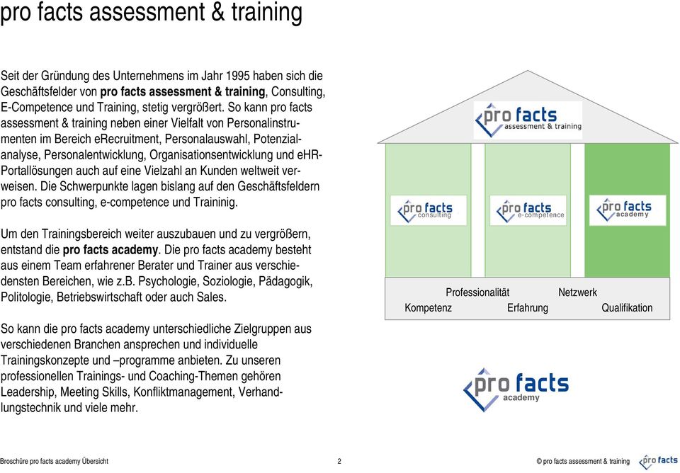 So kann pro facts assessment & training neben einer Vielfalt von Personalinstrumenten im Bereich erecruitment, Personalauswahl, Potenzialanalyse, Personalentwicklung, Organisationsentwicklung und
