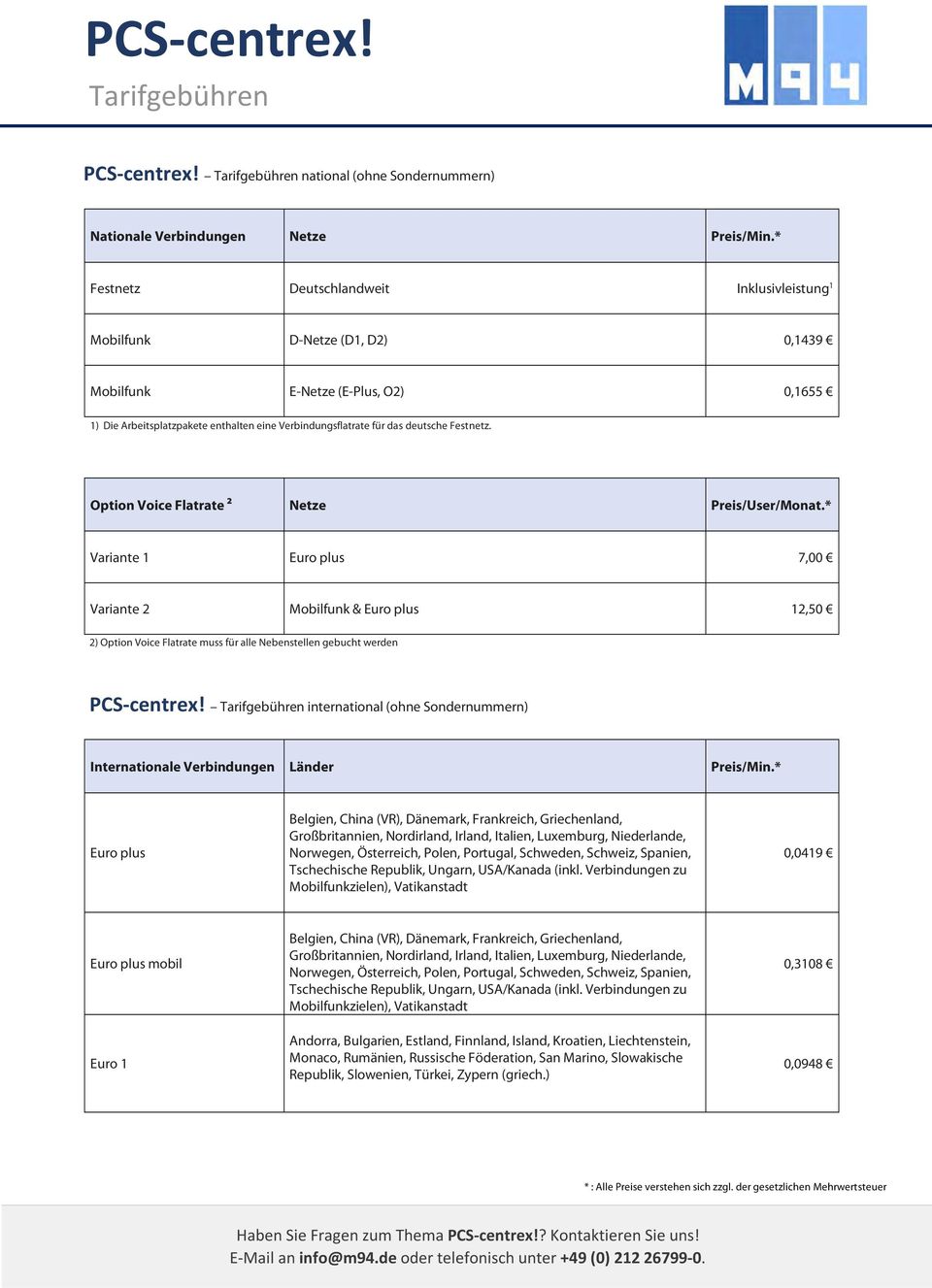 Festnetz. Option Voice Flatrate ² Netze Preis/User/Monat.