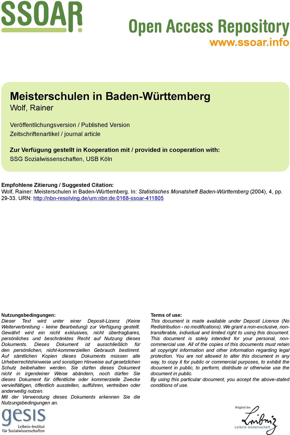 cooperation with: SSG Sozialwissenschaften, USB Köln Empfohlene Zitierung / Suggested Citation: Wolf, Rainer: Meisterschulen in Baden-Württemberg.