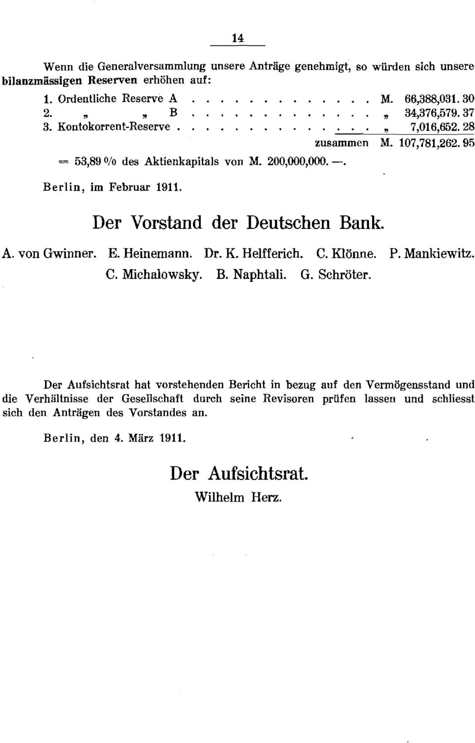 E. Heinemann. Dr. K. Helfferich. C. Klönne. P. Mankiewitz. C. Michalowsky. B. Naphtali. G. Schröter.