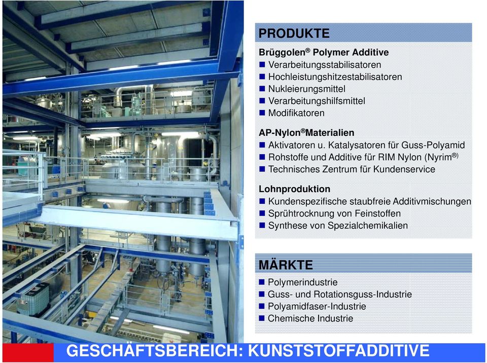 Katalysatoren für Guss-Polyamid Rohstoffe und Additive für RIM Nylon (Nyrim ) Technisches Zentrum für Kundenservice Lohnproduktion