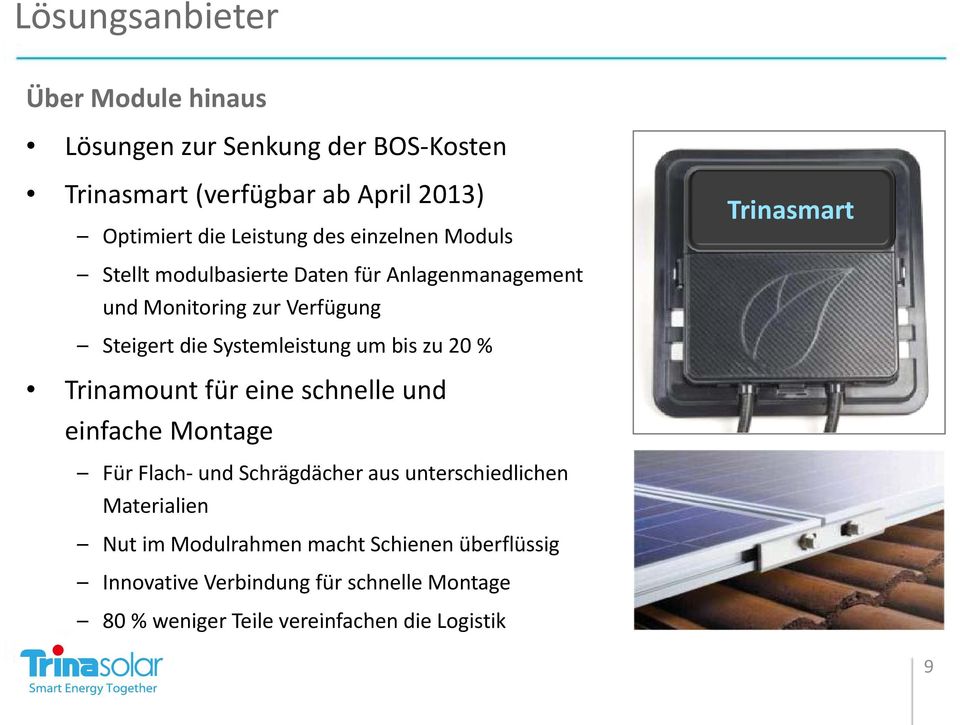 Systemleistung um bis zu 20 % Trinamount füreine schnelle und einfache Montage Für Flach und Schrägdächer aus unterschiedlichen