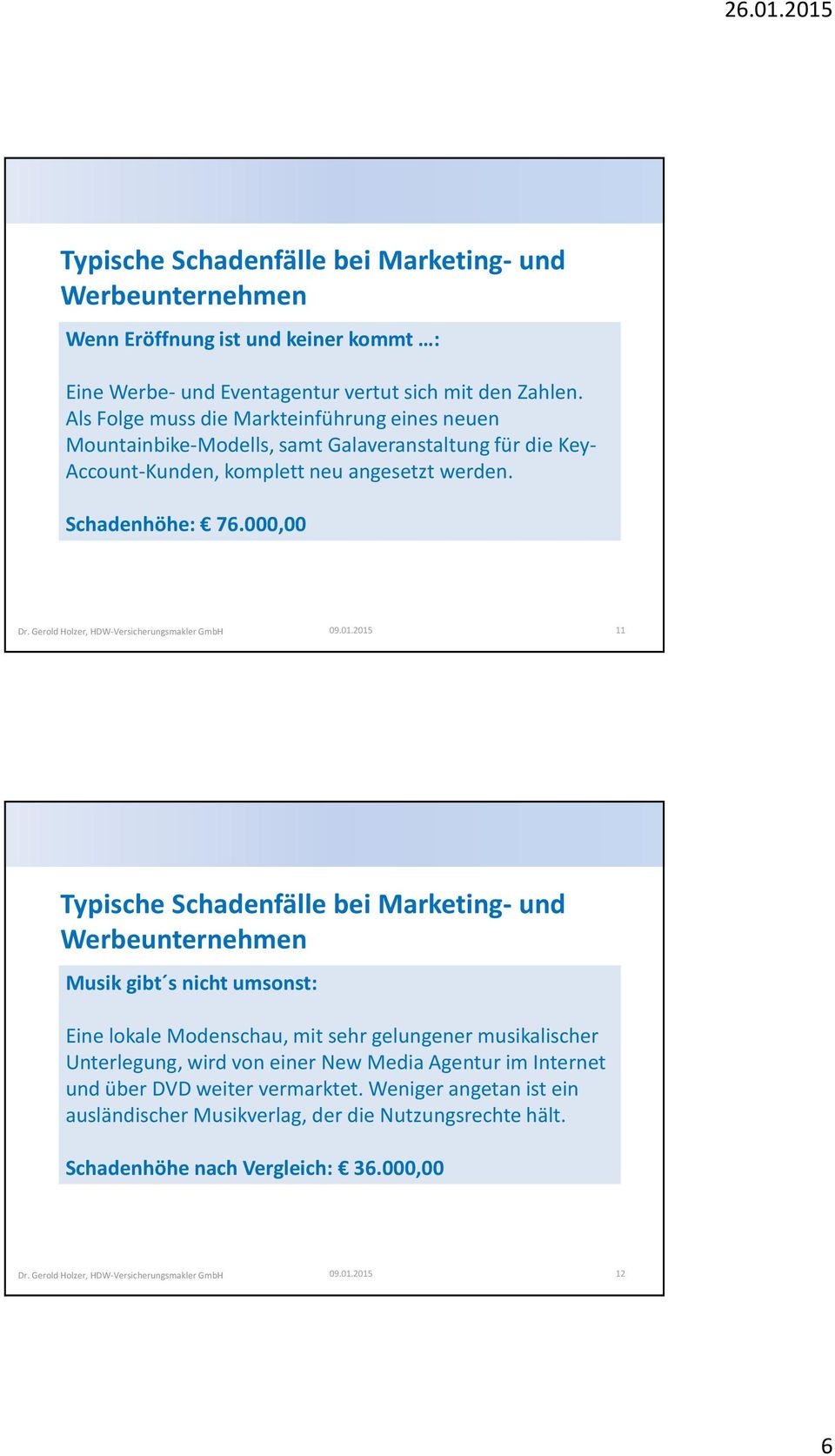 000,00 11 Typische Schadenfälle bei Marketing-und Werbeunternehmen Musik gibt s nicht umsonst: Eine lokale Modenschau, mit sehr gelungener musikalischer Unterlegung, wird