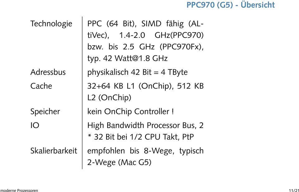 8 GHz physikalisch 42 Bit = 4 TByte 32+64 KB L1 (OnChip), 512 KB L2 (OnChip) Speicher kein OnChip