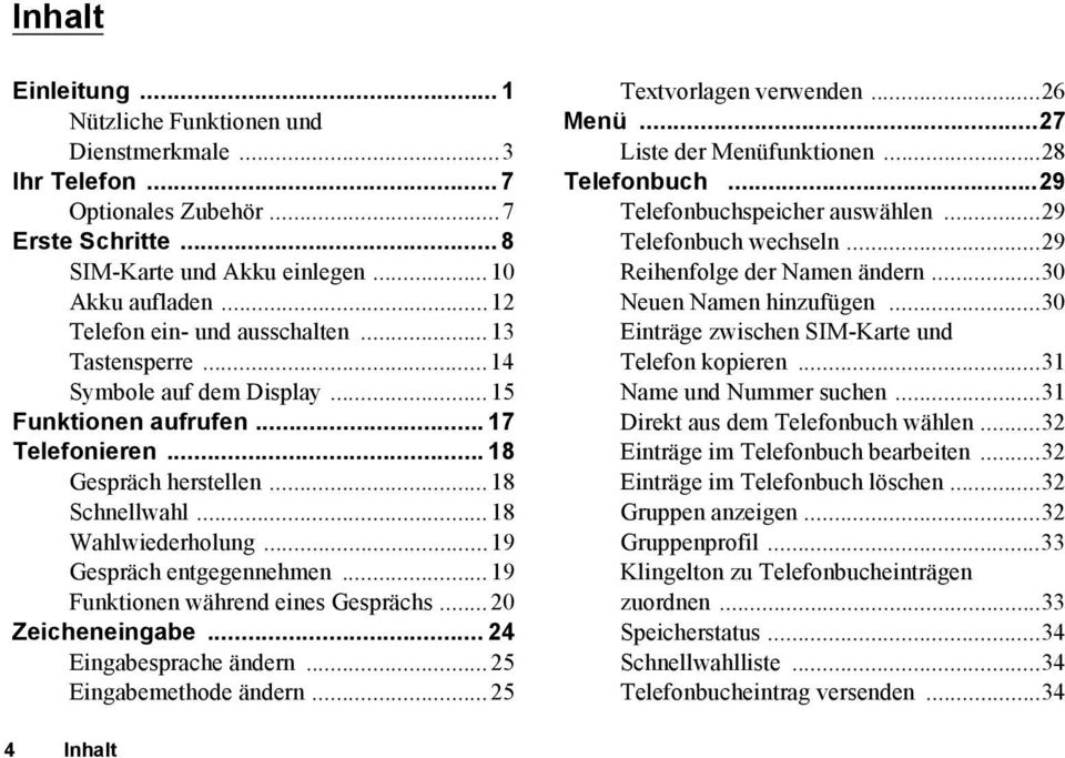 ..19 Gespräch entgegennehmen...19 Funktionen während eines Gesprächs...20 Zeicheneingabe... 24 Eingabesprache ändern...25 Eingabemethode ändern...25 Textvorlagen verwenden...26 Menü.