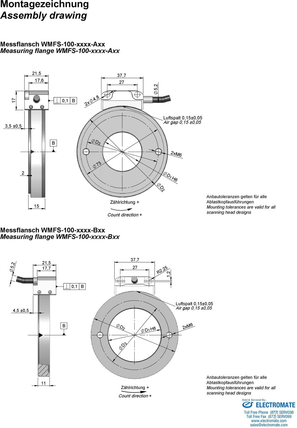 designs Messflansch WMFS-100-xxxx-Bxx Measuring flange WMFS-100-xxxx-Bxx 5, 1,5 17,7 37,7 7 R,5 1, 0,1 B 4,5 ±0,5 Luftspalt 0,15±0,05 Air gap 0,15 ±0,05 B D D H6 1 xm6 D 3 11