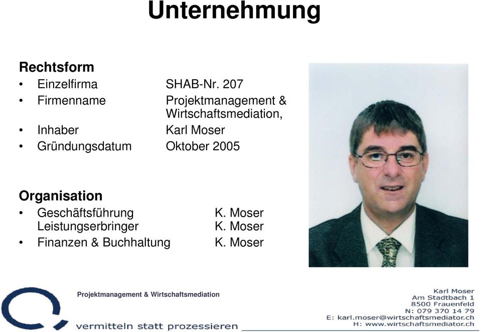 Inhaber Karl Moser Gründungsdatum Oktober 2005 Organisation